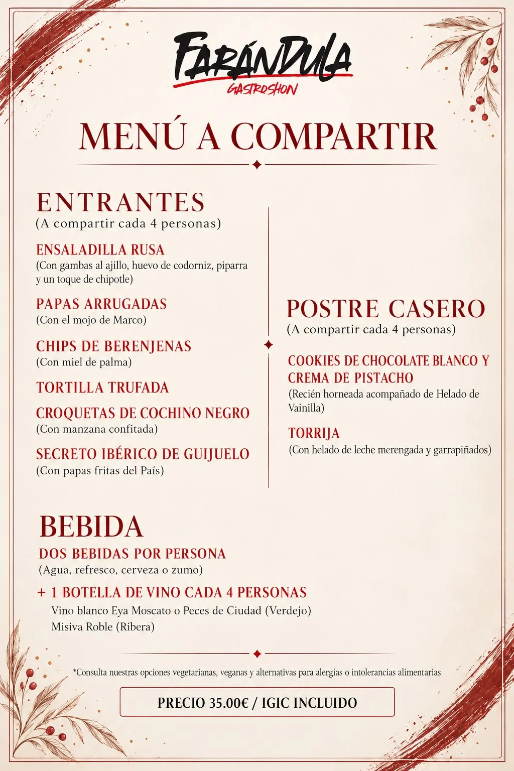 Menú a compartir para grupos y empresas de Restaurante Farándula: entrantes, postre casero y bebida por 35 € IGIC incluido